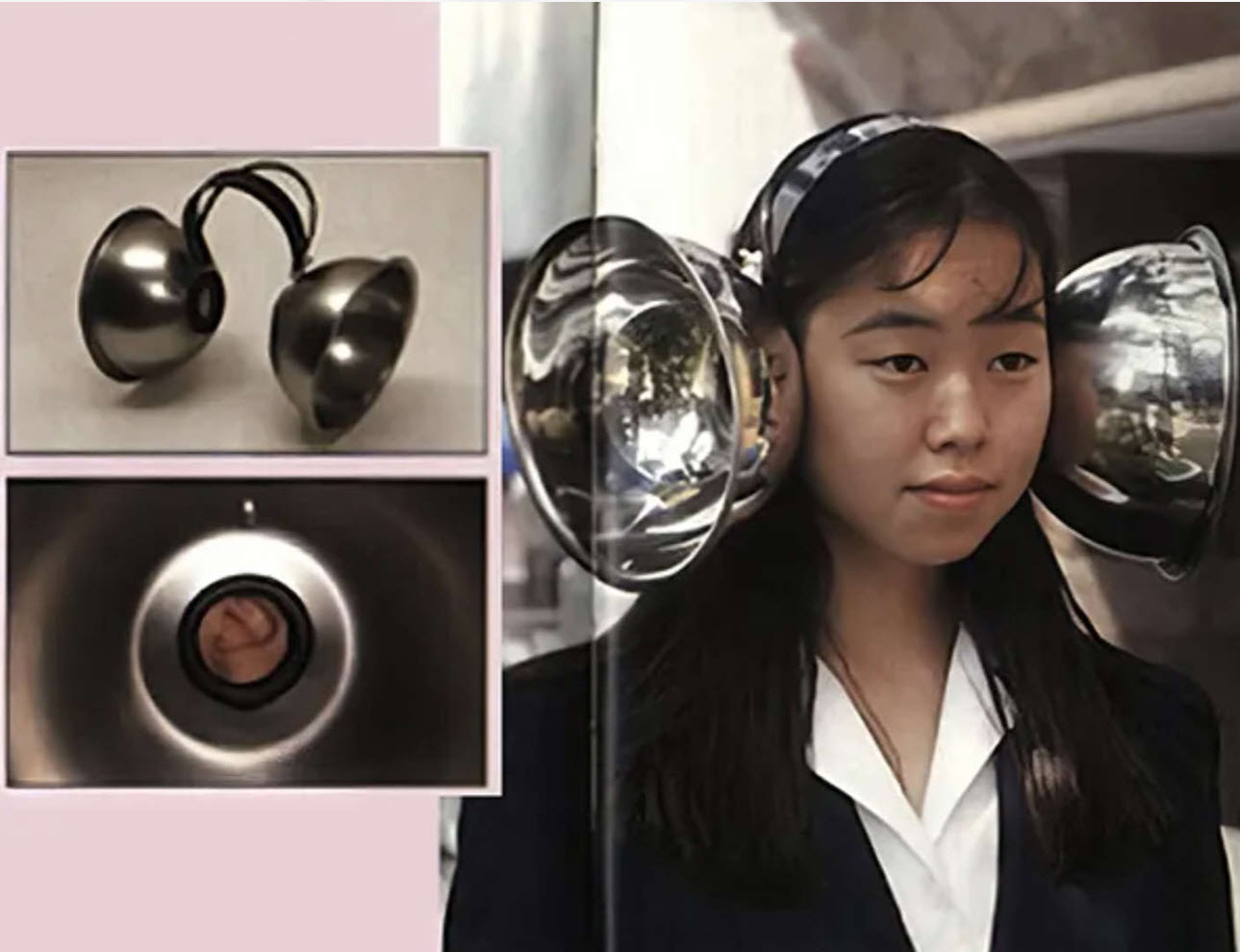 Headband with two shiny metal bowls acting as giant ear cones